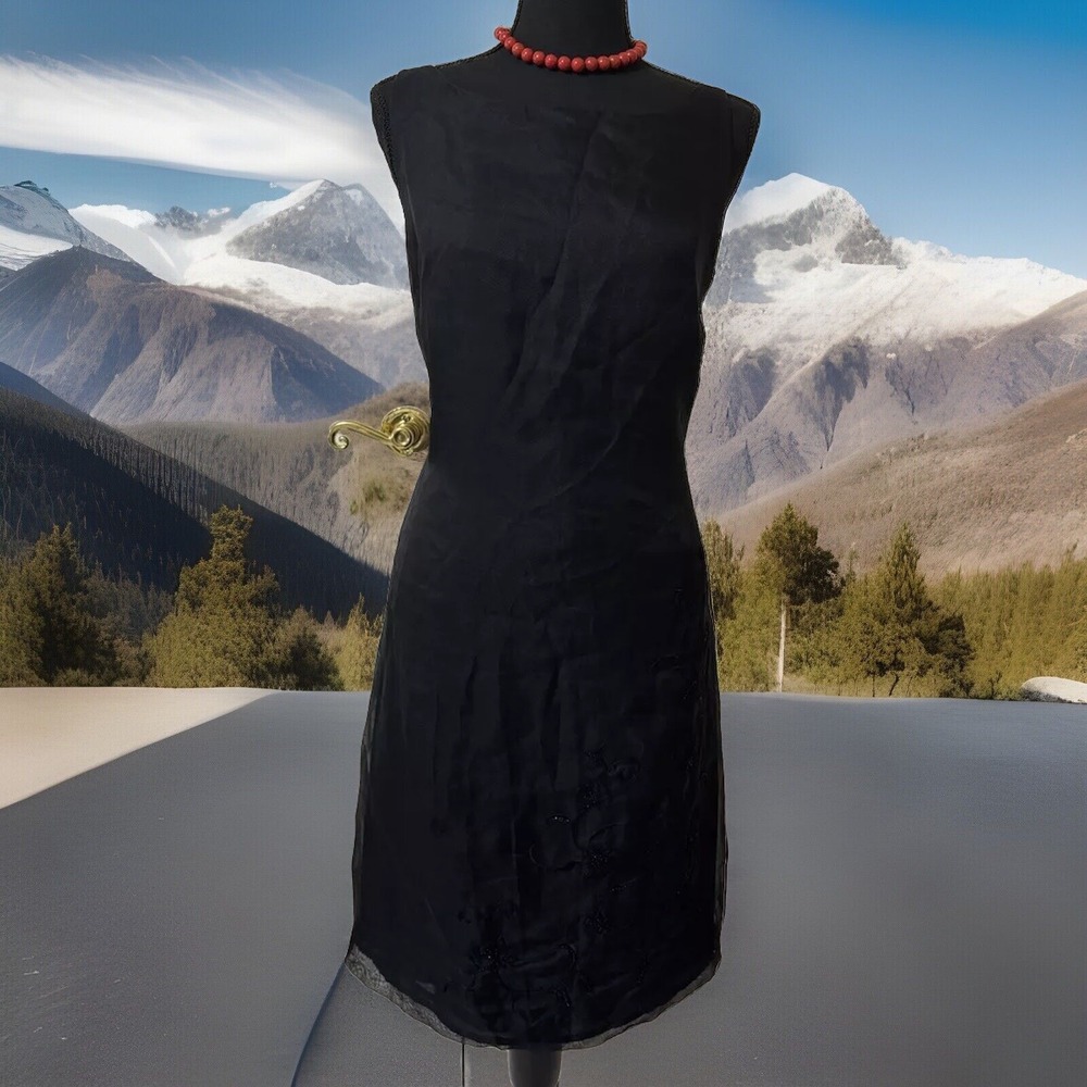 VTG 90s CASUAL Corner Old Stock Black Floral Silk Sleeveless Sheath Dress- Sz12‎